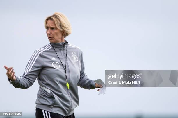 Martina Voss-Tecklenburg Head Coach of Germany looks on during a training session of the German women's national football team on June 05, 2019 in...