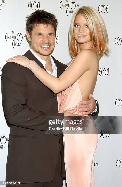Nick Lachey and Jessica Simpson during 31st Annual American Music Awards - Press Room at The Shrine Auditorium in Los Angeles, CA, United States.