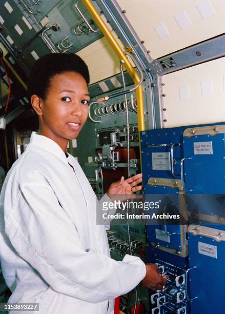 Portrait of American engineer and NASA astronaut Mae Jemison at work at the Kennedy Space Center, Florida, 1992.