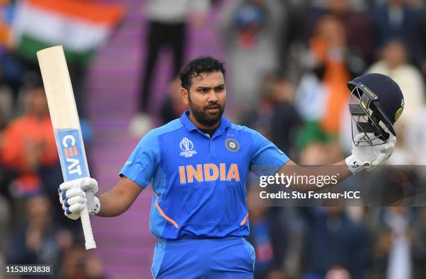 Rohit Sharma of India celebrates his century during the Group Stage match of the ICC Cricket World Cup 2019 between South Africa and India at The...