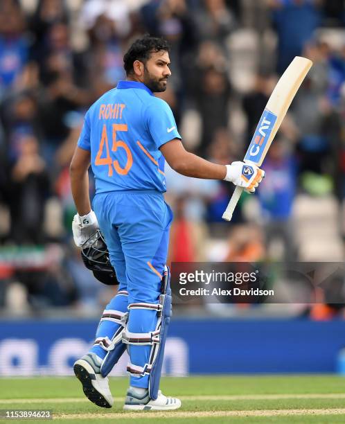 Rohit Sharma of India celebrates his century during the Group Stage match of the ICC Cricket World Cup 2019 between South Africa and India at The...