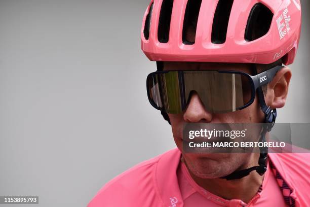 Colombia's rider Rigoberto Uran looks on during a training session of USA's EF Education First cycling team near Overijse on July 5 on the eve of the...