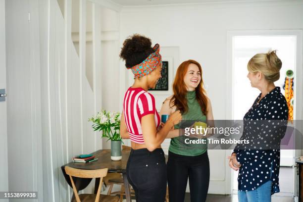 three women talking with tea in living room - friends talking living room stock-fotos und bilder