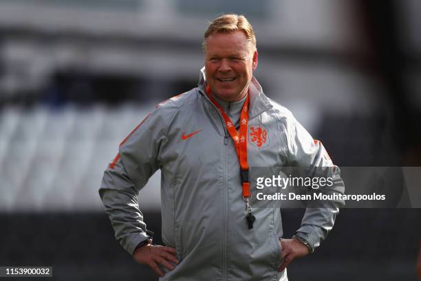 Head coach / Manager, Ronald Koeman looks on during the Netherlands Media Access Session held at Estadio D. Afonso Henriques on June 05, 2019 in...