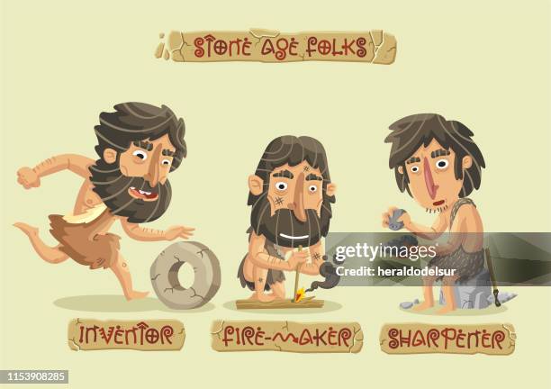charaktere der steinzeit gesetzt - neandertaler stock-grafiken, -clipart, -cartoons und -symbole