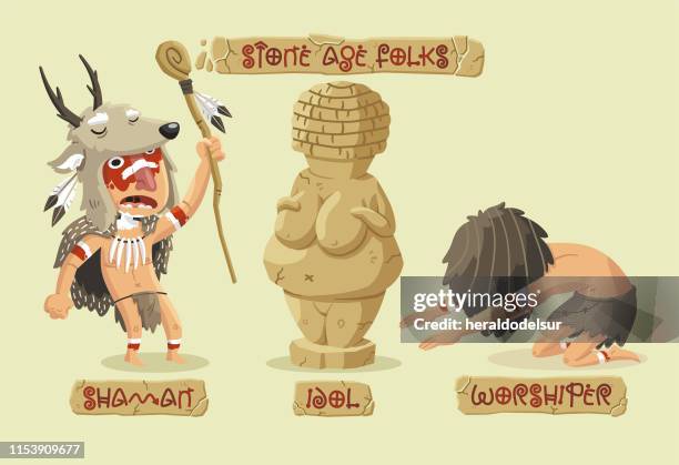 ilustrações de stock, clip art, desenhos animados e ícones de stone age characters set - totem