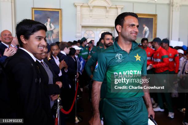 Schoolchildren in the Pavilion at Lord's with Pakistan's Fakhar Zaman on July 5, 2019 in London, England. History was made at Lord's when local...