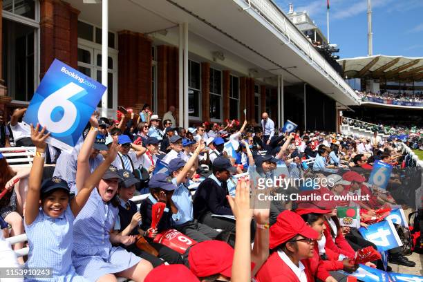 Schoolchildren watch the match in the Pavilion at Lord's on July 5, 2019 in London, England. History was made at Lord's when local schoolchildren...