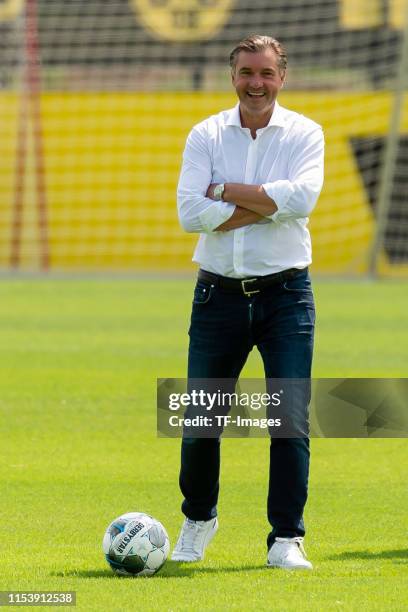 Sporting director Michael Zorc of Borussia Dortmund looks on during a training session at the Borussia Dortmund training center on July 05, 2019 in...