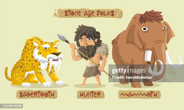 stockillustraties, clipart, cartoons en iconen met stone age personages set - hoektand dierentand