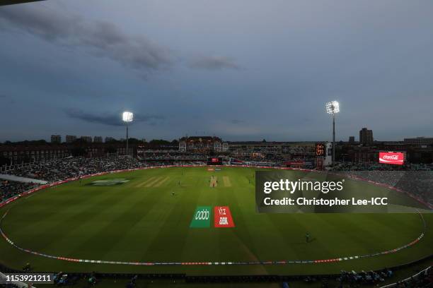 General view of the Oval with the floodlights on during the Group Stage match of the ICC Cricket World Cup 2019 between Bangladesh and New Zealand at...