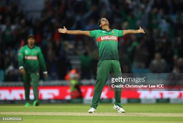 Shaif Uddin of Bangladesh celebrates taking the wicket of Matt Henry of New Zealand during the Group Stage match of the ICC Cricket World Cup 2019...