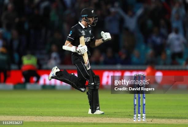 Mitchell Santner of New Zealand as he scores the winning run during the Group Stage match of the ICC Cricket World Cup 2019 between Bangladesh and...