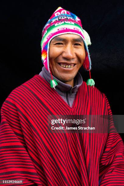 portrait of fermin limachi in colourful bolivian woolen hat and poncho, the son of one of the original builders of ra ii for thor heyerdahl, bolivian andes, bolivia (model release) - traditional clothing stock pictures, royalty-free photos & images