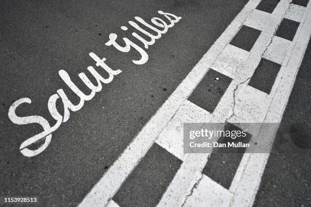 The Gilles Villeneuve tribute on the start finish line is seen during previews ahead of the F1 Grand Prix of Canada at Circuit Gilles Villeneuve on...