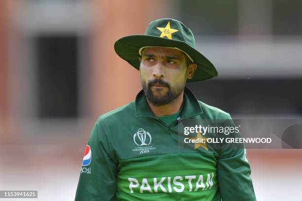 Pakistan's Mohammad Amir looks on during the 2019 Cricket World Cup group stage match between Pakistan and Bangladesh at Lord's Cricket Ground in...