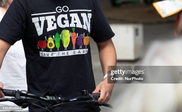 Shirt reading Go Vegan Save the Earth. After the heat records in Germany on 5 July 2019 severel hundreds gathered again fr protesting against the...
