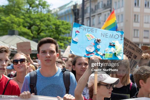 Sign with plastic reading &quot; FInding Nemo &quot;. After the heat records in Germany on 5 July 2019 severel hundreds gathered again fr protesting...