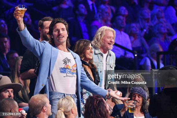 Mark Wystrach of musical group Midland, Jimi Westbrook, Karen Fairchild and Phillip Sweet of musical group Little Big Town host the 2019 CMT Music...