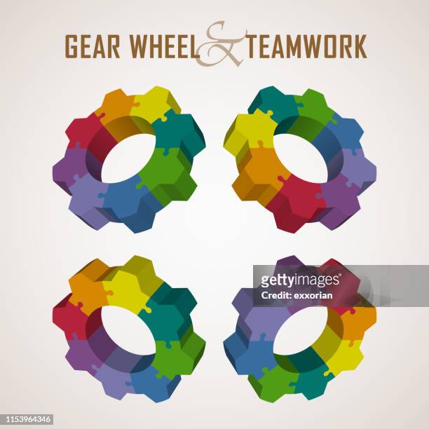 drei dimensionale gear wheel in unterschiedlichen perspektiven - 3d puzzle stock-grafiken, -clipart, -cartoons und -symbole