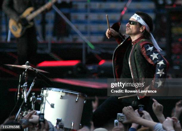 Bono of U2 during U2's "Vertigo" Tour in Manchester - June 14, 2005 at Manchester Stadium in Manchester, United Kingdom.