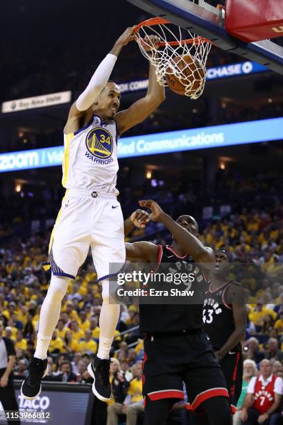Shaun Livingston of the Golden State Warriors dunks the ball against the Toronto Raptors in the first half during Game Three of the 2019 NBA Finals...