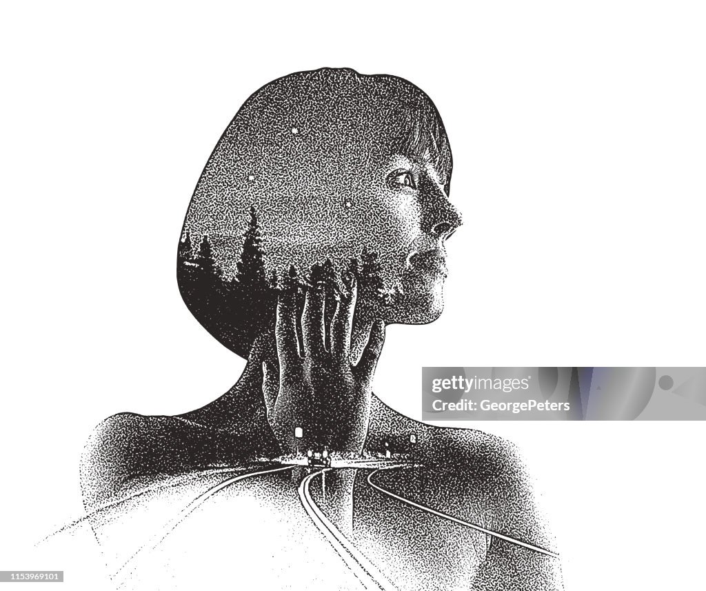 Multiple Exposure of young woman driving at night and Summer Triangle constellation