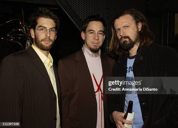 Rob & Mike of Linkin Park with Rob Zombie during Warner Entertainment 2004 Grammy Party at Kitano Japanese Restaurant in Los Angeles, CA, United...