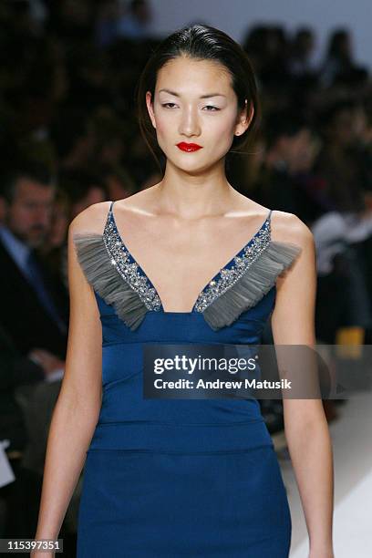 Ai Tominaga wearing Badgley Mischka Fall 2004 during Olympus Fashion Week Fall 2004 - Badgley Mischka - Runway at The Promenade at Bryant Park in New...