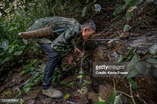 Chinese ethnic Lisu honey hunter Mi Qiaoyun drinks from a spring on his way to gathering wild cliff honey from hives in a gorge on May 10, 2019 near...