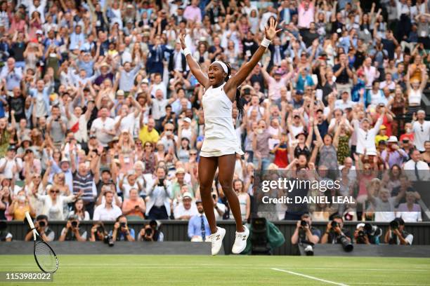 Player Cori Gauff celebrates beating Slovenia's Polona Hercog during their women's singles third round match on the fifth day of the 2019 Wimbledon...