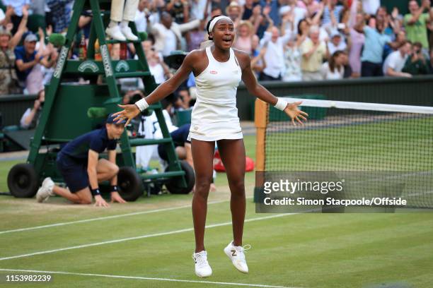 Cori Gauff celebrates victory over Polona Hercog in their Ladies' Singles 3rd Round match on Day 5 of The Championships - Wimbledon 2019 at the All...