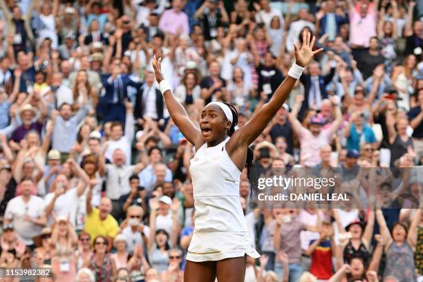 Player Cori Gauff celebrates beating Slovenia's Polona Hercog during their women's singles third round match on the fifth day of the 2019 Wimbledon...