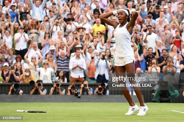 Player Cori Gauff celebrates beating Slovenia's Polona Hercog during their women's singles third round match on the fifth day of the 2019 Wimbledon...