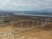 Aerial view of wind turbines generating electricity in Palm Springs desert