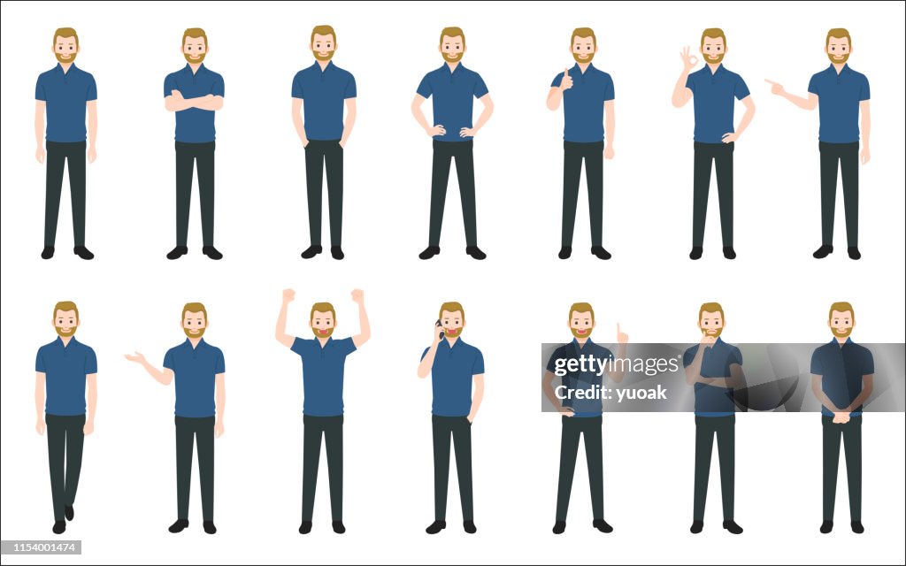 Set van oorzakelijke zakenman geïsoleerd op witte achtergrond