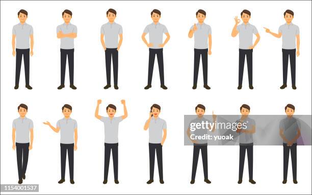 set of causal businessman isolated on white background - black thumbs up white background stock illustrations