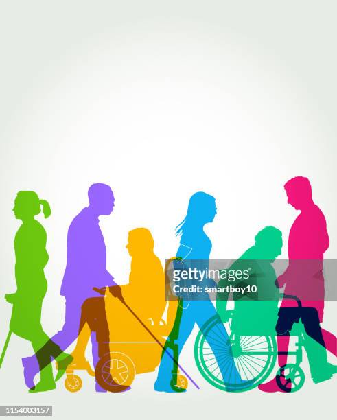 ilustrações de stock, clip art, desenhos animados e ícones de group of people with disabilities - cadeira de rodas