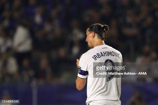 Zlatan Ibrahimovic of LA Galaxy wearing a shirt in the second half with his name spelt incorrectly during the MLS match between Los Angeles Galaxy...
