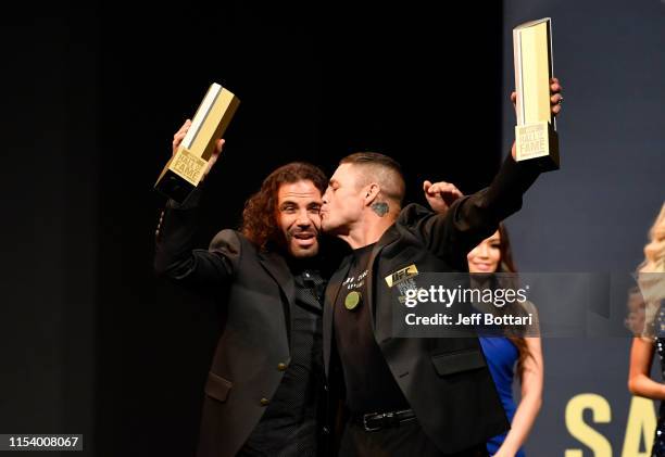 Clay Guida and Diego Sanchez are inducted into the UFC Hall of Fame for their 2009 classic fight during the UFC Hall of Fame Class of 2019 Induction...