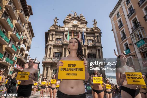 Activist against animal cruelty holds a banner anti bullfightings during a performance before the San Fermin celebrations in Pamplona, Spain, on July...