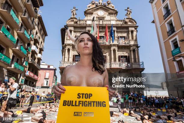 Activist against animal cruelty holds a banner anti bullfightings during a performance before the San Fermin celebrations in the main square of...