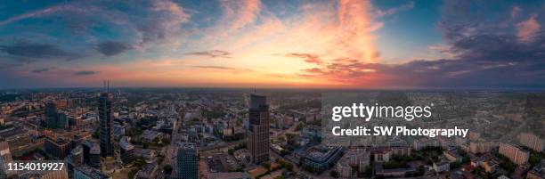 drone sunset photo of warsaw cityscape - warsaw panorama stock pictures, royalty-free photos & images