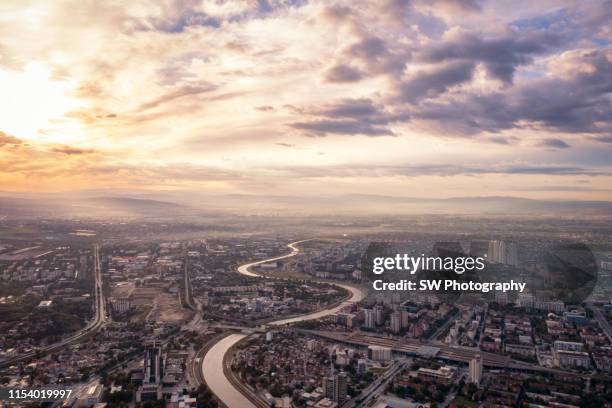 skopje and the vardar river by sunrise - skopje imagens e fotografias de stock