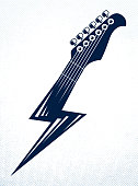 Electric guitar headstock in a shape of lightning, hot rock music, Hard Rock or Rock and Roll concert or festival label, night club live show band performance, vector.