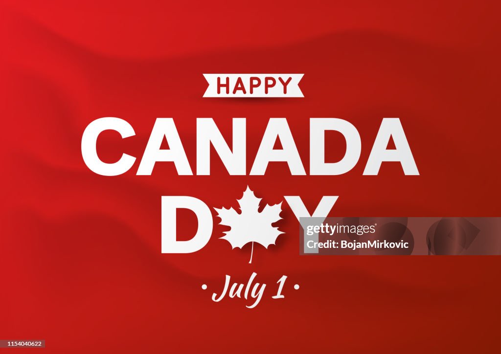 Happy Canada Day card on red wavy background. Vector illustration.