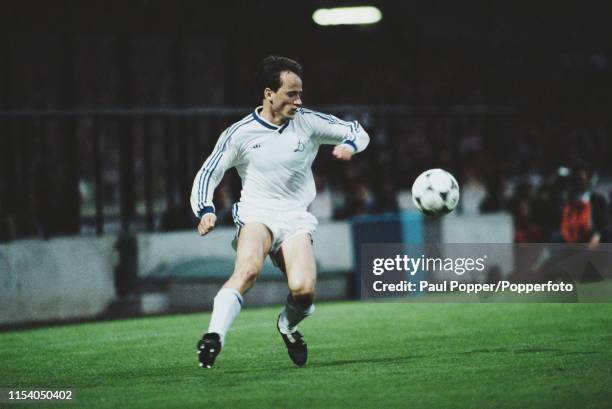Ukrainian footballer Igor Belanov of FC Dynamo Kiev , pictured in action with the ball during the 1986 European Cup Winners' Cup final between...