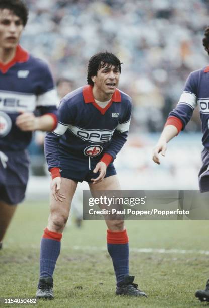 Argentine footballer Daniel Passarella, centre back with ACF Fiorentina, pictured in action on the pitch during the Serie A match between Juventus...