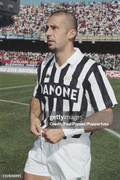 Italian professional footballer Gianluca Vialli, striker with Juventus FC, pictured on the pitch prior to playing in his first game for Juventus in...