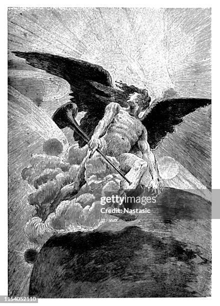 an angel, having sounded the trumpet to announce the day of judgment, tears down the sun, which definitely means the end of the world as we know it - archangel gabriel stock illustrations